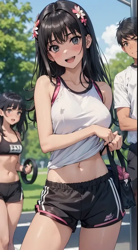 1womanl,Black hair,14years ,(()),Beautiful breasts,(((Sexy white shiny gym clothes and shorts)))(())(((Blushing cheeks、Smile with open mouth)),(((Satin Narico))),((( portlate))),Crowds,White gym clothes and shorts,