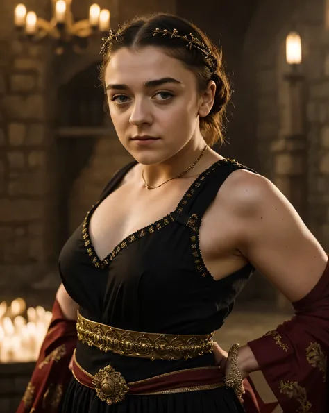 Foto RAW, RAW photograph of Maisie Williams, Arya Stark, mediaeval world cinematic background, Extremely gorgeous lady, Arya Stark PLAYED BY MAISIE WILLIAMS, Queen Arya Stark, she  a mature woman now, milf, sexy mediaeval battle dress, gladiator woman, bod...