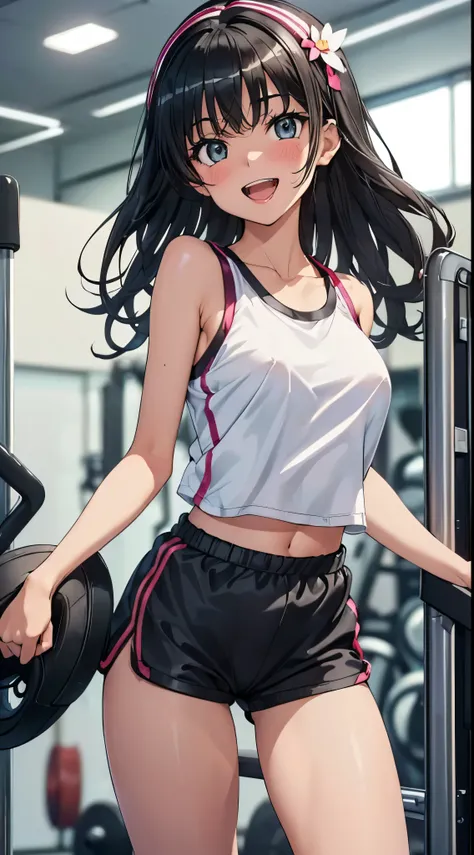 1womanl,Black hair,14years ,(()),Beautiful breasts,(((sexy white shiny gym clothes and shorts)))(())(((Blushing cheeks、Smile with open mouth)),(((Satin Narico))),((( portlate))),Crowds,White gym clothes and shorts,