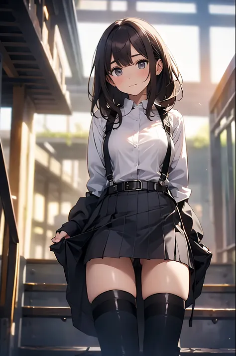 Brown hair、watching at viewers　　　black suspenders　　　Bulging big breasts　　 　 　　　walls: 　Black miniskirt　garters　　　　　　Gaze　　　Small face　bangss 　　　holster　　　Beautuful Women　　hands up　　レッグholster ベッドに横たわる　　Gaze 　black boots panty shot　provocation　flank　flank汗　...