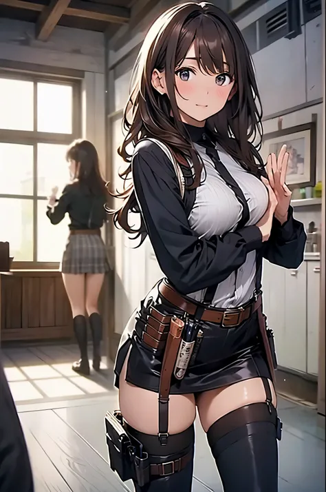 Brown hair、watching at viewers　　　black suspenders　　　Bulging big breasts　　 　 　　　walls: 　Black miniskirt　garters　　　　　　Gaze　　　Small face　bangss 　　　holster　　　Beautuful Women　　hands up　　レッグholster ベッドに横たわる　　Gaze 　black boots panty shot　provocation　flank　flank汗　...