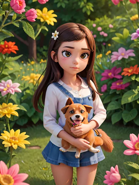 Imagine a stunning teenage girl with dog standing in a garden filled with a riot of colorful blooms. Paint her face with a serene expression as she takes in the beauty of her surroundings.