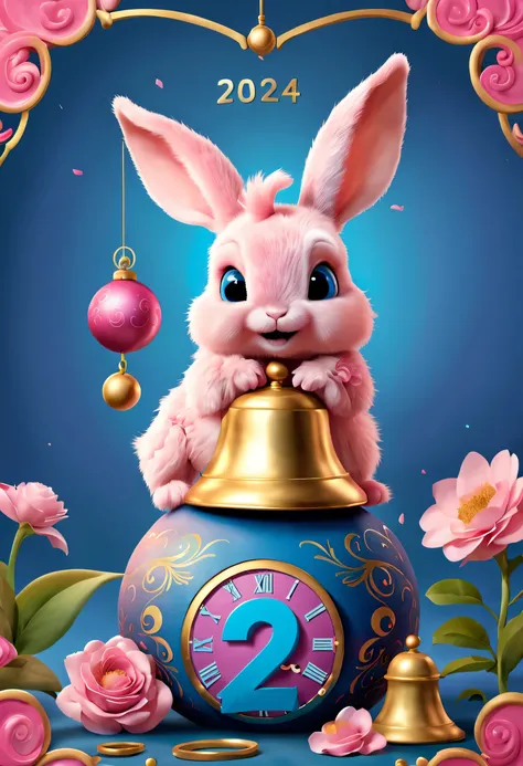 new year 2024&#39;New Year&#39;s Eve Poster Design，Pink and blue as main colors，（In the center of the poster is a golden bell with the time 12 o&#39;bell），（）There is a cute baby bunny and a baby dragon above and below the bell），hairy curly hair，Happy，Descr...