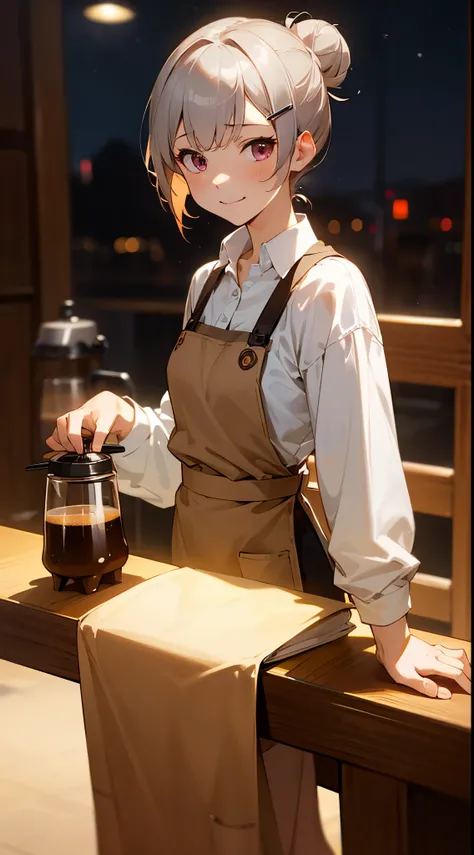 (masutepiece), Best Quality,  Girl working in a coffee shop, brew coffee with a coffee machine, Perfect face, Expressive eyes, Brown Apron, Coffee shop seen from the inside, Short hairstyle with silver hair and bob, Hair tied in a bun with a hair clip, Pin...