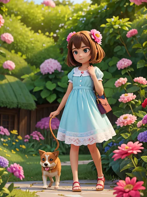 Imagine a stunning teenage girl with dog standing in a garden filled with a riot of colorful blooms. Paint her face with a serene expression as she takes in the beauty of her surroundings.