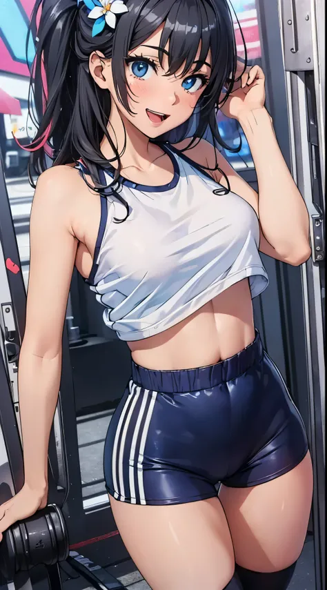 1womanl,Black hair,14years ,(()),Beautiful breasts,(((Sexy white and blue shiny gym clothes and shorts)))(())(((Blushing cheeks、Smile with open mouth)),(((Satin Narico))),((( portlate))),Crowds,Shiny white and blue gym clothes and shorts,