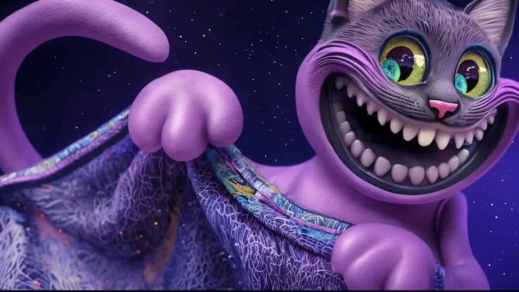 purple plastic cat with a smile on its face and a purple fabric blanket, the cat covers something with a blanket, hyper detail illustration, soft 3d render，hyper detailed, cheshire cat, ultra detail. digital painting, pixar renderman render, pixar render, ...