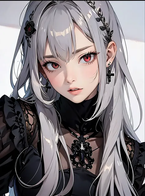 Diabolical、wearing a naughty dress、Red Eyes、Wearing a black aura、gazing at viewer、Best image、masutepiece、Cross earrings、Pretty Woman、sexy dress、