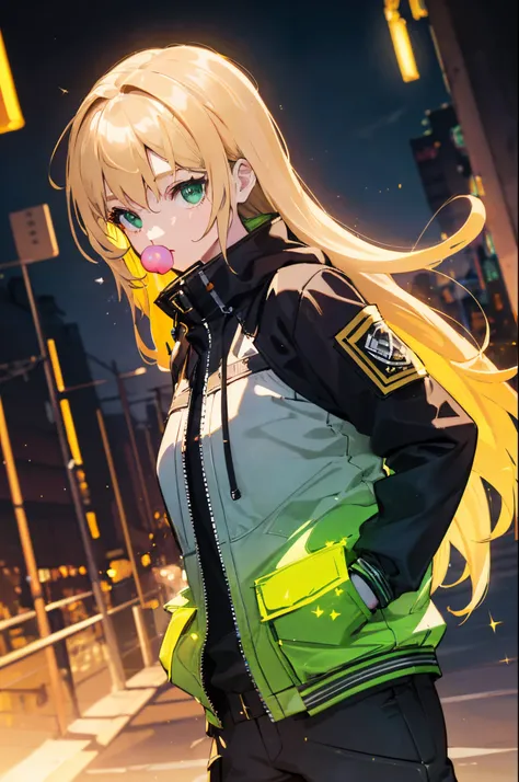 a girl blowing a big bubblegum with both of her hand in her pocket , (hands in pocket:1.4),  (big bubblegum:1.4), (Shibuya:1.4), (night lights:1.4), (Thick Body:1.4), (Long Blond Hair:1.4), Green Eyes, HDR (High Dynamic Range), Ray Tracing, NVIDIA RTX, Sup...