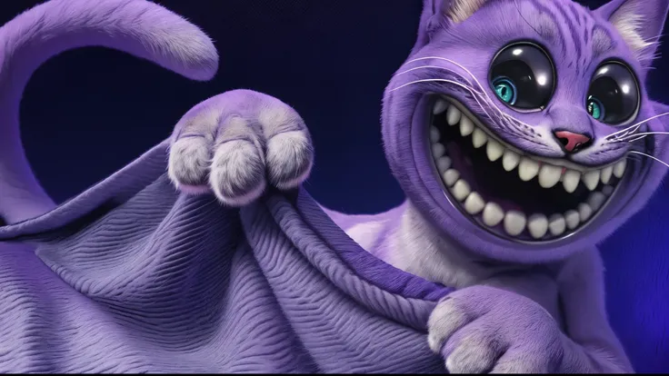 purple cat with a smile on its face and a purple blanket, the cat covers something with a blanket, hyper detail illustration, soft 3d render，hyper detailed, cheshire cat, ultra detail. digital painting, pixar renderman render, pixar render, rendered in cin...