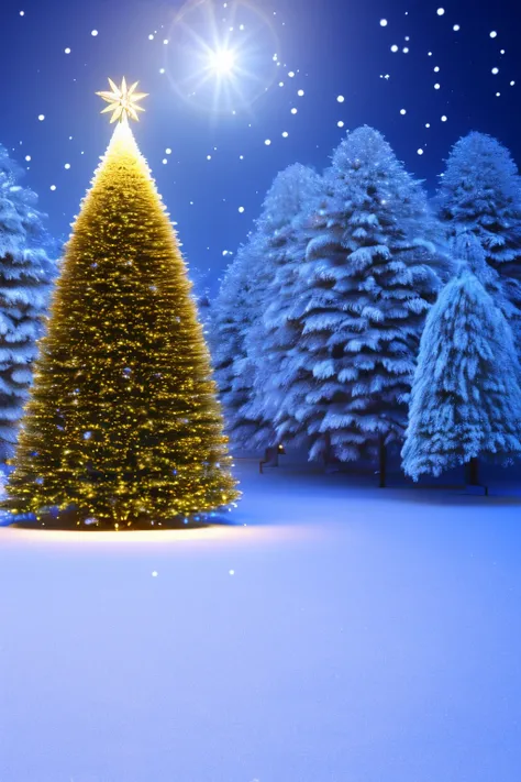 Fantastic winter landscape with christmas tree. 3D rendering. Christmas background with christmas tree, snow and stars. Beautiful christmas night.