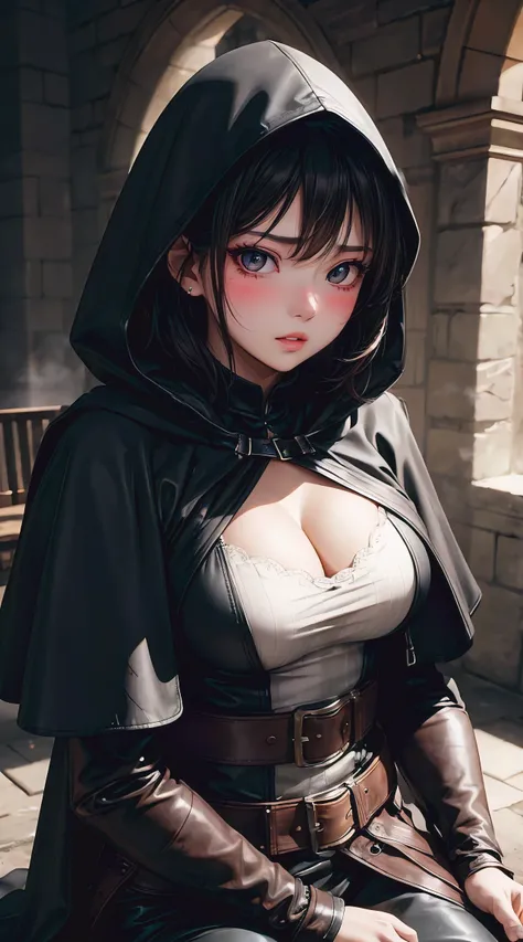 (absurdres, highres, ultra detailed), 1 female, adult, beautiful, high muscular face, broad shoulders, finely detailed eyes, short black hair, brown eyes, black cloak, wearing a hood, leather vest, leather bag at the waist, 2 daggers on the belt, castle, m...