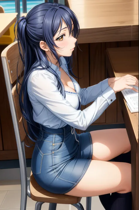 Solo, cowboy shot, from side,Sonoda umi, long hair, short pencil skirt, cleavage,blushing, sitting on chair, in cafe