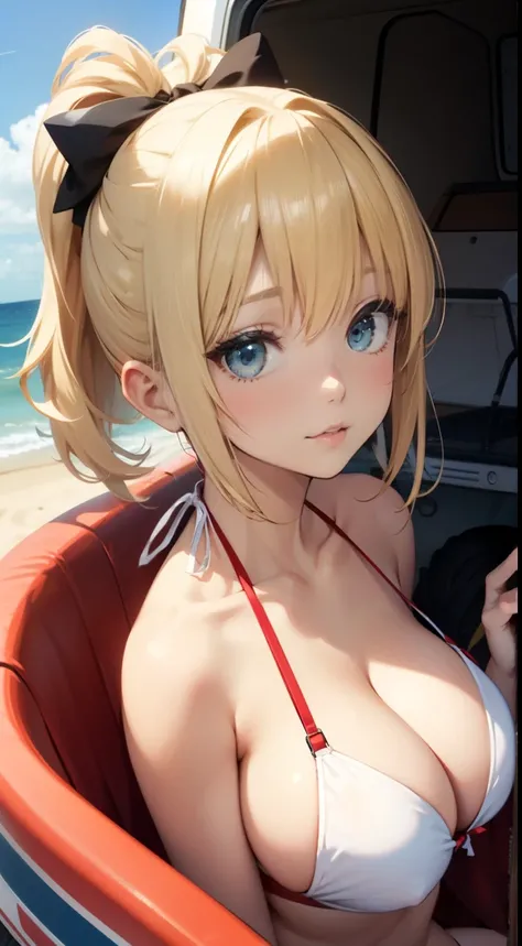 blonde hair long ponytail, busty, cleavage, white detailed bikini, (full bodyesbian, Close Shot)､Seaside sandy beach、bow ribbon､ride a four-wheel buggy､japanse