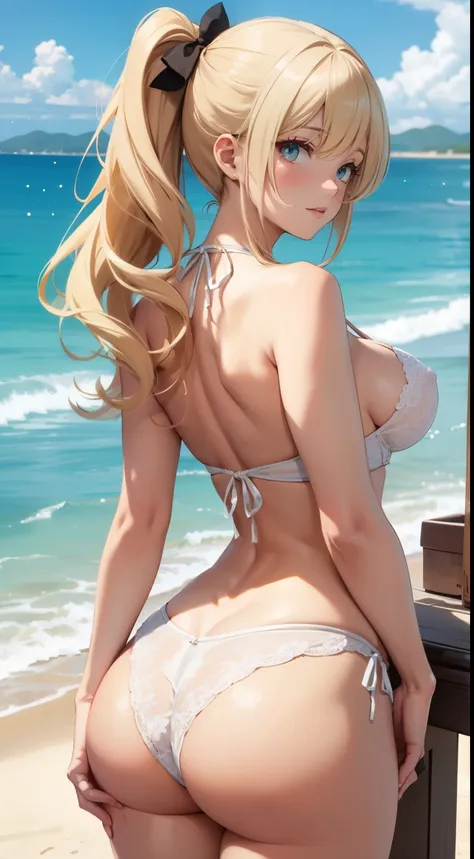 blonde hair long ponytail, busty, cleavage, white detailed lace lingerie, (full bodyesbian, backshots)､Seaside sandy beach、bow ribbon､swim ring､japanse､