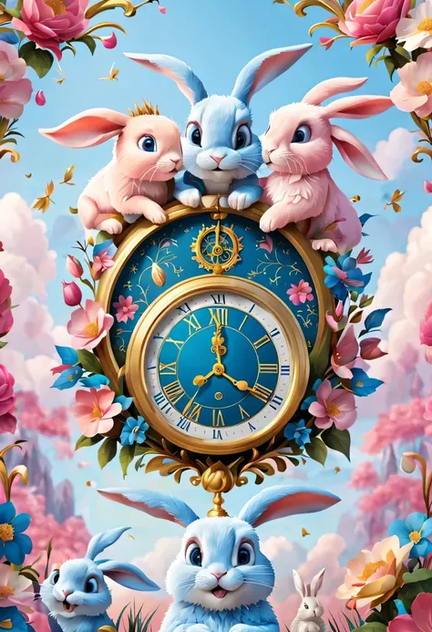 2024 new year poster design, Mainly pink and blue colors. In the center of the poster, designed a golden clock (Hour and minute hands point to 12 o'clock). above and below the clock, There are rabbits and dragons, blossoms, and bells, Describe the past...