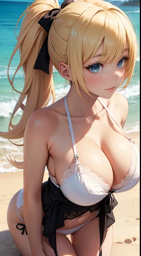 blonde hair long ponytail, busty, cleavage, white detailed lace lingerie, (full bodyesbian, backshots)､Seaside sandy beach、bow ribbon､((all-fours))､japanse､