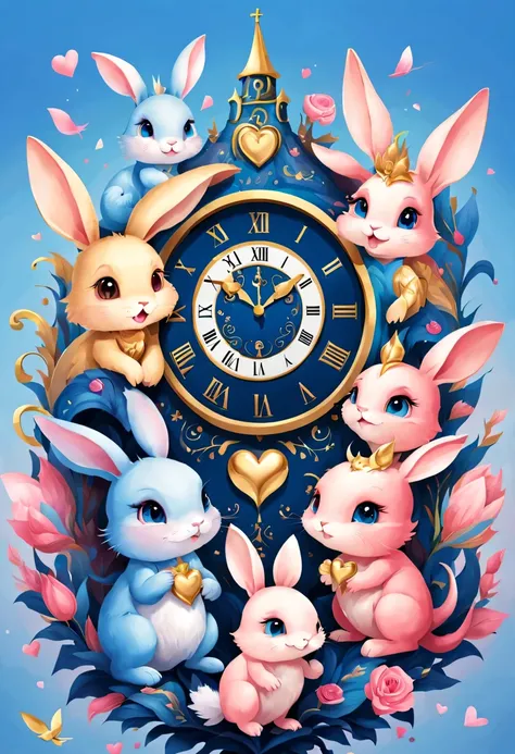 Pink and blue as main colors，Represents memories and hopes，In the center of the poster，Design a golden bell，(Hour and minute hands point to 12 o&#39;clock&#39;bell），Represents the arrival of the New Year,The scenes above and below the bell depict a baby bu...