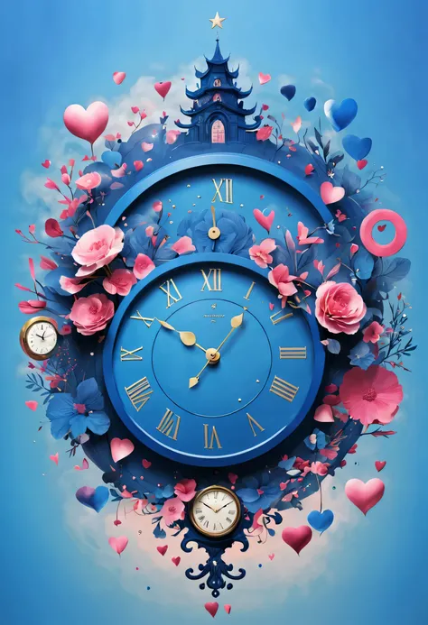 Mainly pink and blue colors,Represents memories and hopes。In the center of the poster,design a bell,Hour and minute hands point to 12 o'clock'bell,Represents the arrival of the New Year。Above and below the bell depict scenes from the past and the f...