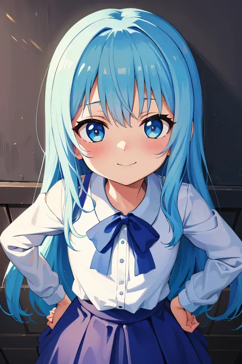 Winters.girl with.light Blue hair.long hair.student clothes.a junior high school student.short stature.a smile.Look at viewers.put hands on the hip.look from above