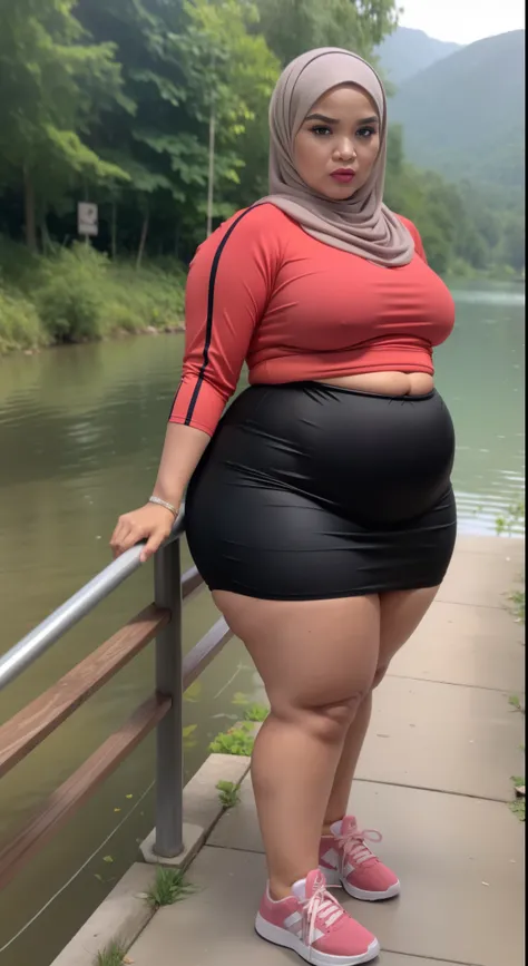 ((HIJAB MALAY GIRL)), ((BBW)), SHORTS, HUGE WIDE BUTT, WIDE BUTT, 63 YEAR OLD METURE womens, METURE womens, (ROSE LIPS), (ADIDAS SNEAKERS), (TIGH SKIRT), walking in style on a Village river, (ANGRY FACE EXPRESSION), TRANSPARENT, STAYING, THICK FOG. FOGGING...