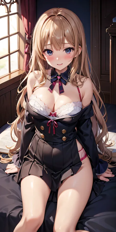 masutepiece, Best Quality, the Extremely Detailed CG Unity 8K Wallpapers, Sexy Witch , Long dark blonde wavy hair、off-shoulder knit, darkblue pleated skirt, Stockings、Medium milk, hanging breasted, Poses that emphasize breasts, Blushing, Shy laughter, Bare...