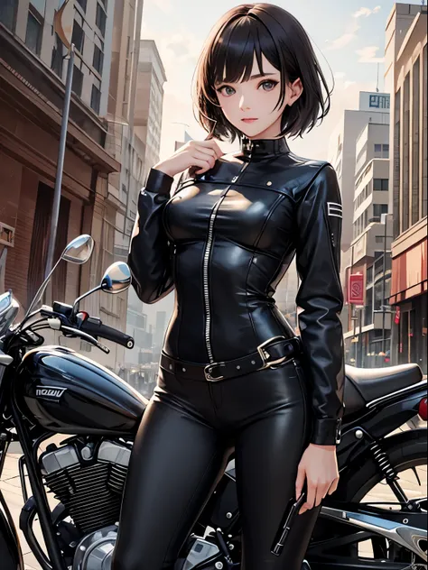 masutepiece, Best Quality, 1 girl in、detailed facial expression、细致背景、short-hair、Rider Suit、motor bikes、Bullish look、Sateen、beautiful luster、light reflections、metalic、girl and motor bikes