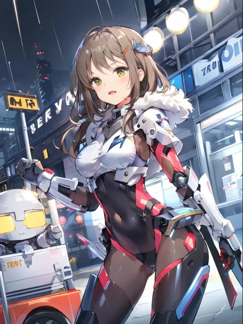 ((​masterpiece:1.4、top-quality))+、(ultra-detailliert)+、
1 girl in、cyberpunkcity, brown hair、hair wavy、mecha clothes、(robot girl)、Cool move、Silver Bodysuit、colorful backdrop、rainy day、(lightning effects)、Silver Dragon Armor、(cold face)、cowboy  shot、cute gir...