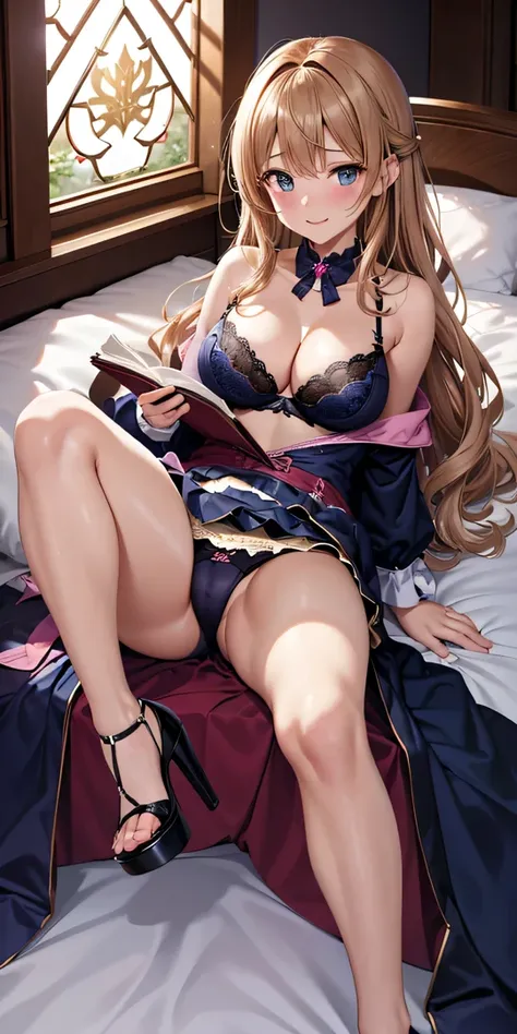 masutepiece, Best Quality, the Extremely Detailed CG Unity 8K Wallpapers, Sexy Witch , Long dark blonde wavy hair、off-shoulder knit, darkblue pleated skirt, Medium milk, hanging breasted, cleavage, Blushing, Shy laughter, Bare shoulders, (Pink panty、openin...