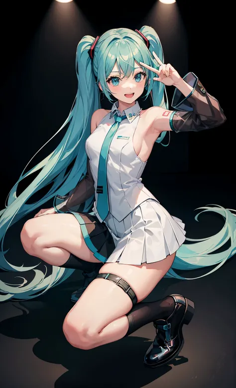 1girl in, Solo, female chilD, masutepiece, beautiful hanDs, Hatsune Miku, White shirt, (Black skirt:1.3), blue necktie, bare shoulDers, DetacheD sleeves, 
BREAK
:D, Happy, Smile, Looking at Viewer, ✌️,(Contrapo:1.5), Squatting,
BREAK
stage lights,