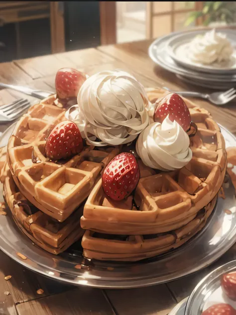 Beautiful waffle, strawberry glazed, fresh strawberries, cream, serving in a beautiful silver tray,  whole waffle,one slice is beside the place, small white flower