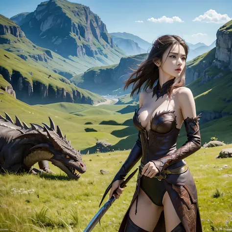 超A high resolution、An ultra-high picture quality、8K、Detailed details、marvelous expression、Beautiful slender woman、fight the dragon monster、Monster Hunter Character Costumes、Vast grassland background、