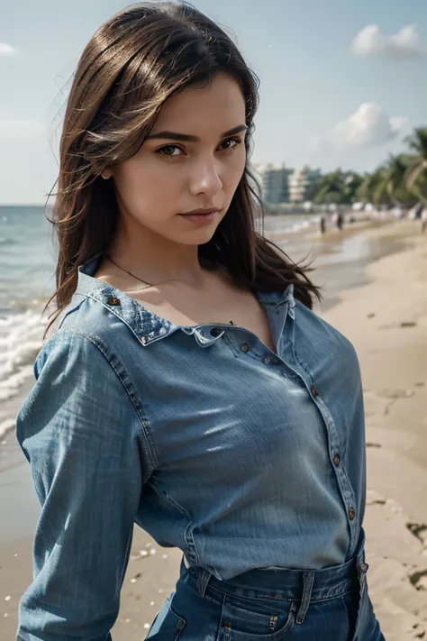 create photograph, of this woman wearing jeans and blouse at a beach, complex, high detail, clear focus, dramatic, realistic pictorial