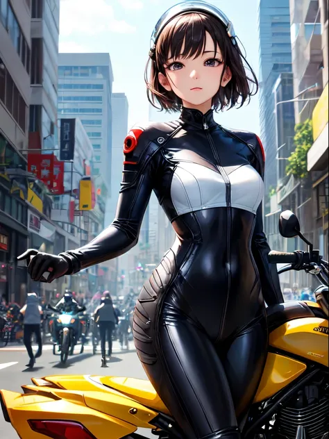 masutepiece, Best Quality, 1 girl in、detailed facial expression、细致背景、short-hair、Rider Suit、motor bikes、Bullish look、Sateen、beautiful luster、light reflections、metalic、holding helmet