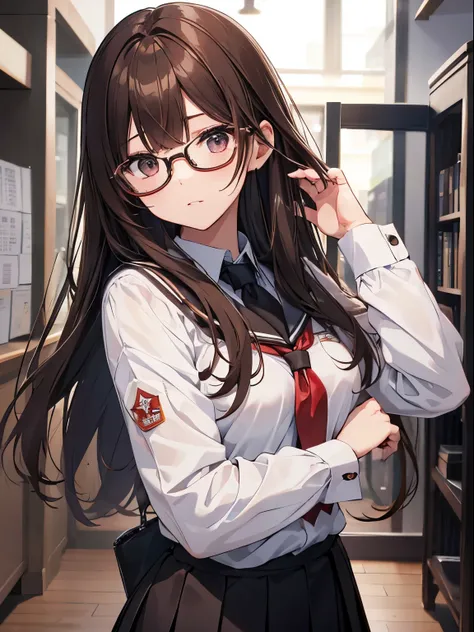 1人の女性、brown haired(Curta)、Brown eyelack-rimmed glasseest Quality、ultra-detailliert、8K resolution、Raw photo、masutepiece、gorgeous faces、Perfect body、schoollazer Uniform