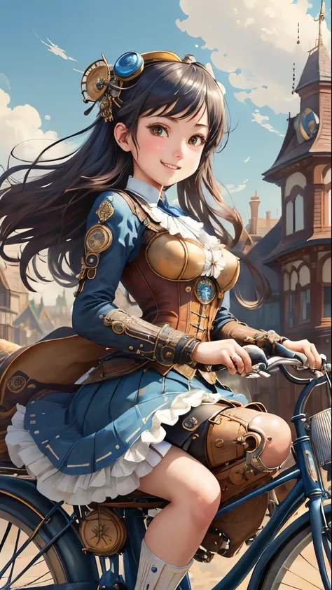 top-quality。Masterpiece。ren。Detailed details。steampunkai。one girls。Happy smile。High school girl in steampunk style。(Less exposed skin)。(Long skirt)。((Ride on a classic bicycle))。The background is the Victorian town.。blue open sky、white clouds。(Dynamic angl...