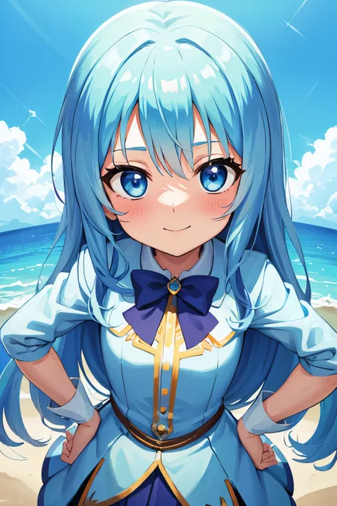 Winters.girl with.light Blue hair.long hair.Magical girl costume.a junior high school student.short stature.a smile.Look at viewers.put hands on the hip.look from above.magic circles