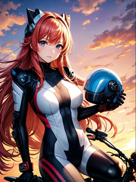 masutepiece, Best Quality, 1 girl in、detailed facial expression、细致背景、Long、Rider Suit、motor bikes、girl and motor bikes、Bullish look、Sateen、beautiful luster、light reflections、metalic、helmet held in arm、Mare、Large clouds、the setting sun、Red sky