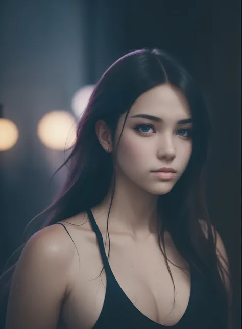 city street, neon, fog, volumetric, closeup portrait photo of young woman in dark clothes, (messy hair:0.3), (naked breast), (shot from distance), (dirty body:1.6), Indifferent, (body sweat), (wet body), tank top, depth of field, (gorgeous:1.2), detailed f...