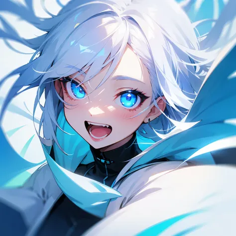 1girl in、Eyes glow blue、white  hair、Upper Eyes、Laughing、White background、stylish