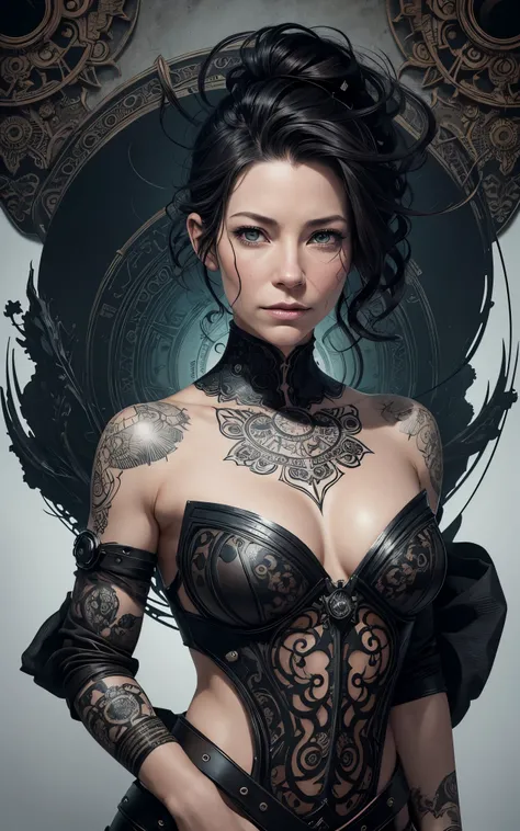 (Evangeline Lilly) is a beautiful charming woman carved out of dark smoke, dressed as a Steampunk girl in black, circular colored smoke, waves of shadows at night, abstract skull ornaments, pixie back fade haircut, soft colors, flat 4d street art in the st...