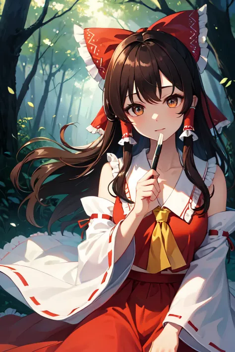 detailed background, masterpiece, best quality, 1girl, hakurei reimu, brown hair, hair tubes, hair ribbon, brown eyes, touhou project, forest, purple theme, white theme