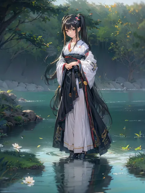 teen girl solo, Spoiled face,  Black twin tail hair, black hanfu dress, standing by the lake