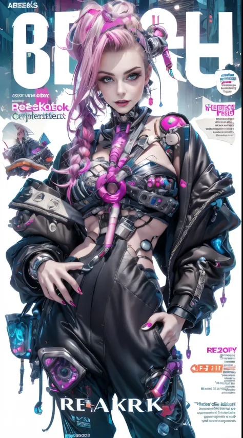 Magazine cover of Cyberpunk girl, fashion magazine, text, cybernetic implants, NSFW