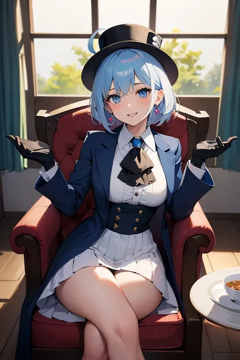 1girl, solo, breasts, looking at viewer, blush, smile, short hair, bangs, blue eyes, skirt, large breasts, shirt, gloves, long sleeves, hat, bow, hair between eyes, jewelry, medium breasts, sitting, blue hair, jacket, white shirt, ahoge, white hair, thighs...