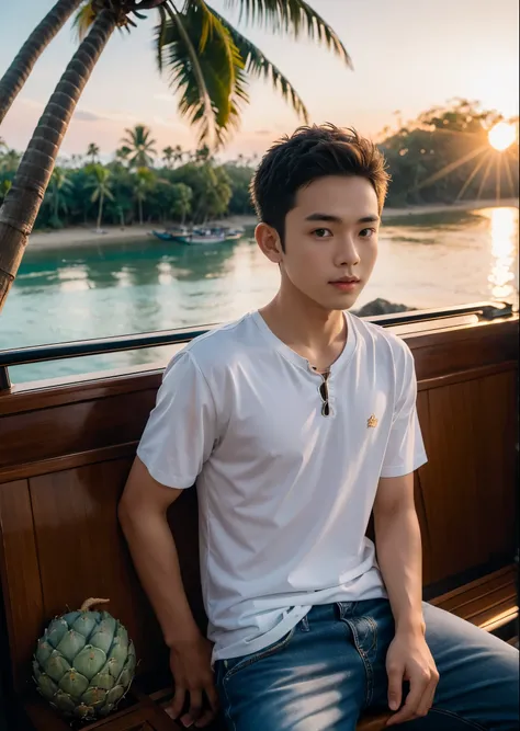 ((Best Quality)), ((masutepiece)), (Detailed), face perfect、Balinese boy, Wearing jeans、Indonesia, tropical plants and palm trees、 Sandy beaches on the coast、  Realistic facial brown skin with high quality background 、The boy is sitting near the boat on th...