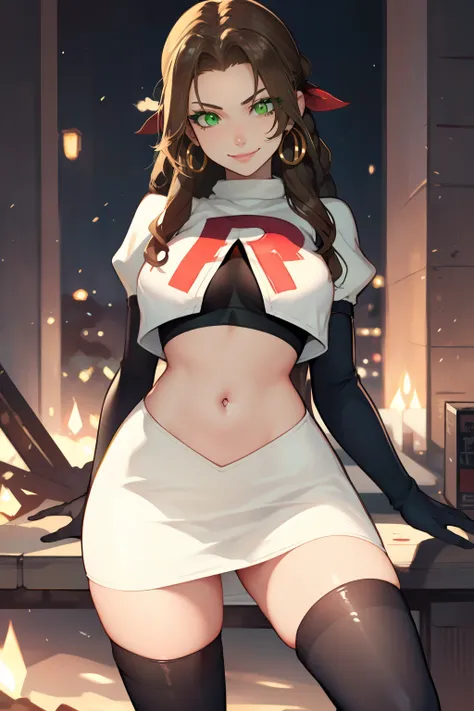 aerith gainsborough, green eyes ,glossy lips, light makeup, eye shadow, earrings ,team rocket,team rocket uniform, red letter R, white skirt,white crop top,black thigh-high boots, black elbow gloves, evil smile, sexy pose