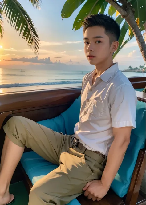 ((Best Quality)), ((masutepiece)), (Detailed), face perfect、Balinese boy, Wearing jeans、Indonesia, tropical plants and palm trees、 Sandy beaches on the coast、  Realistic facial brown skin with high quality background 、The boy is sitting near the boat on th...