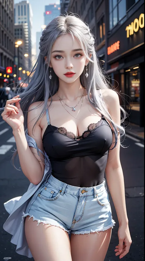 Urban beautiful girl college student, masterpiece, light makeup, red lips, silver hair, messy long hair, street background, beautiful, elegant. Ultra-fine details, master works, real texture, cinematic lighting realism, perfect work, 8k, HD, exquisite faci...