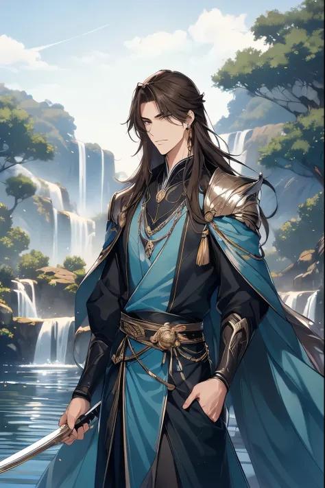 (Best quality at best,A high resolution,The image is clear:1.2),Ultra detailed backgrounds,Beautiful man standing holding sword，brunette color hair，Blackn clothes，this it，wind blowing through，Chinese hooded Hanfu，：1.5），Garden scene,under moonlight,waterfal...